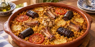 Arroz al horno valenciano Cazuela de arroz al horno con garbanzos, costillas, morcilla, patata, tomate y una cabeza de ajo central.