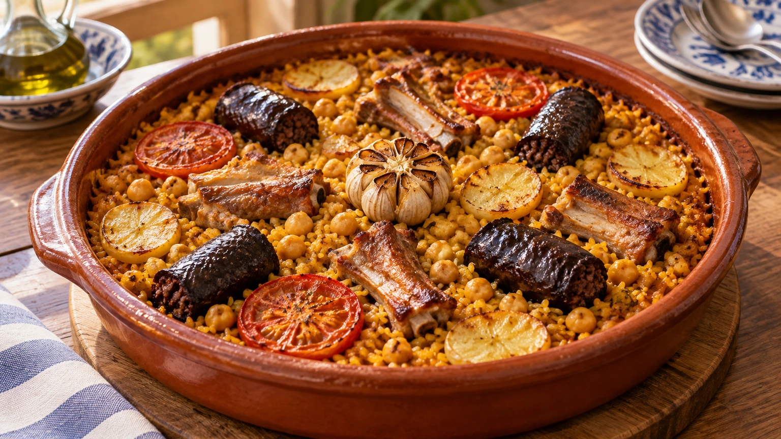 Cazuela de arroz al horno con garbanzos, costillas, morcilla, patata, tomate y una cabeza de ajo central.