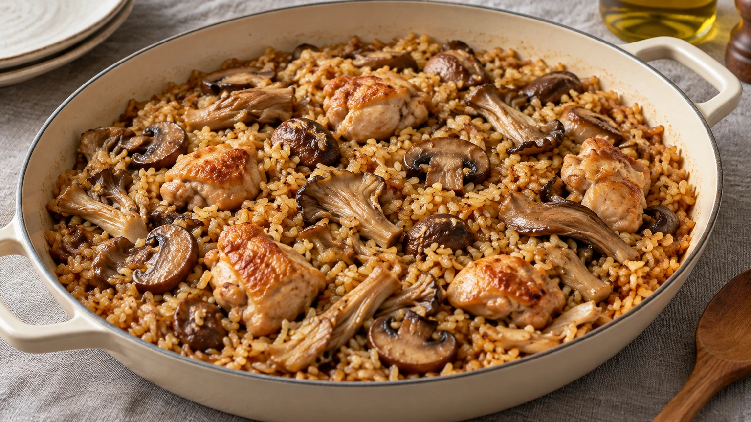 Arroz con porciones doradas de pollo, champiñones laminados y tiras de seta de ostra en una fuente clara.