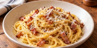 Espaguetis a la carbonara Espaguetis con salsa dorada de huevo y pecorino, tiras de guanciale tostado y pimienta negra.