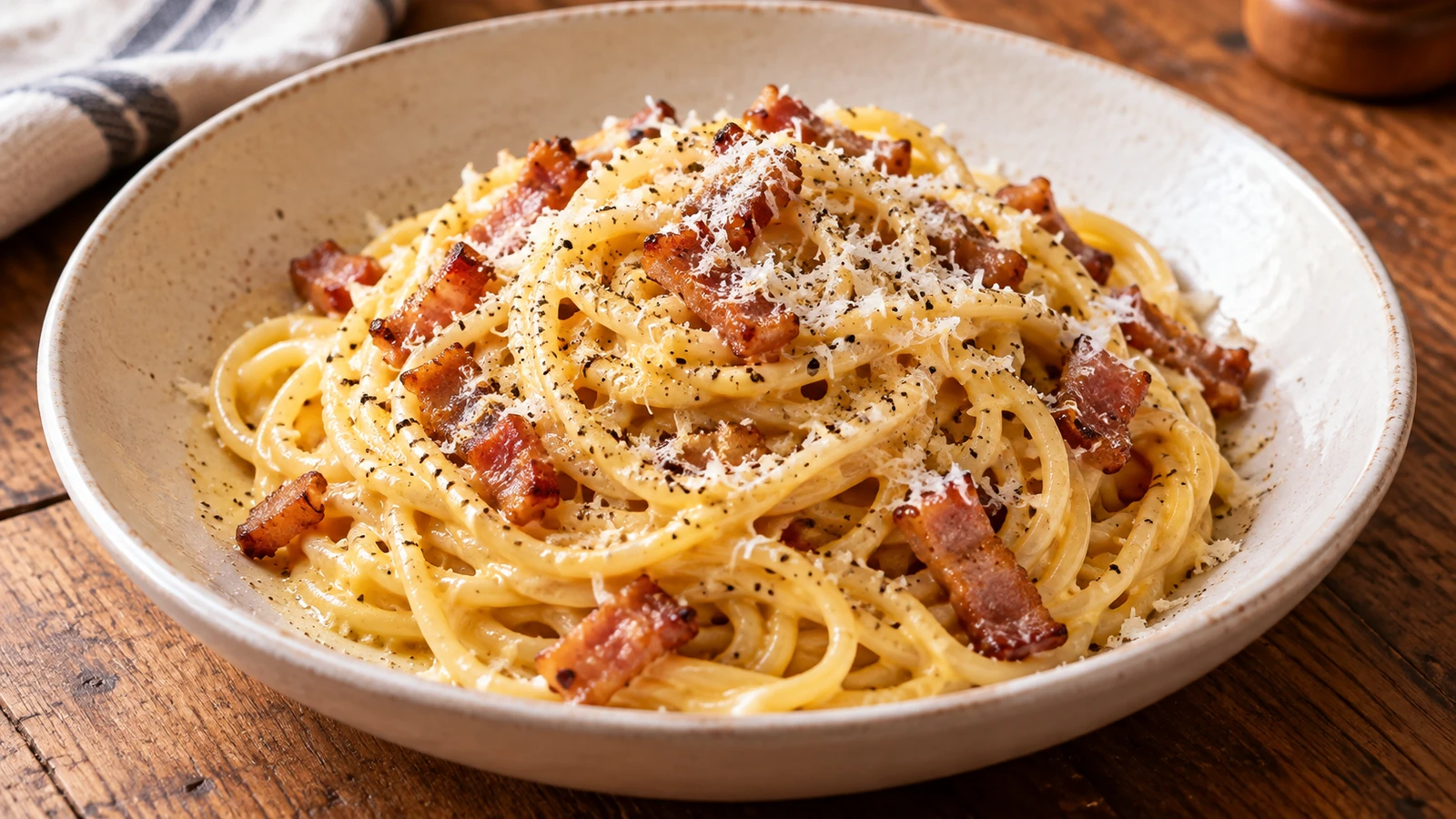 Espaguetis con salsa dorada de huevo y pecorino, tiras de guanciale tostado y pimienta negra.