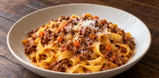 Tagliatelle a la boloñesa Cintas de tagliatelle con ragú espeso de carne y tomate, terminadas con parmesano rallado.