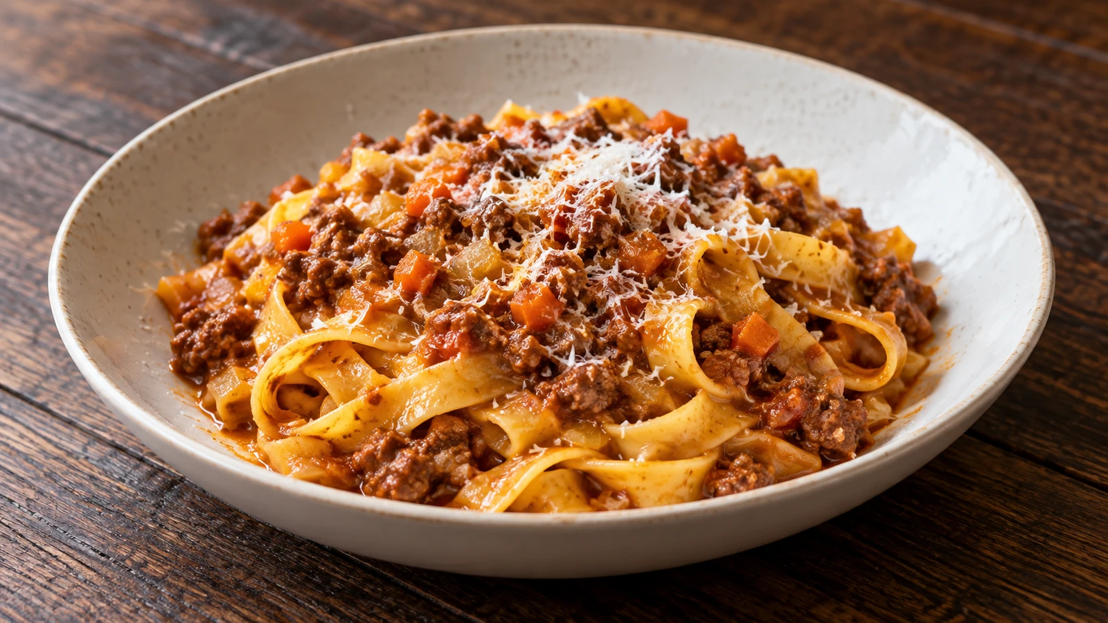 Cintas de tagliatelle con ragú espeso de carne y tomate, terminadas con parmesano rallado.