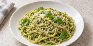 Espaguetis al pesto Espaguetis cubiertos de pesto verde con piñones, queso rallado y hojas de albahaca.