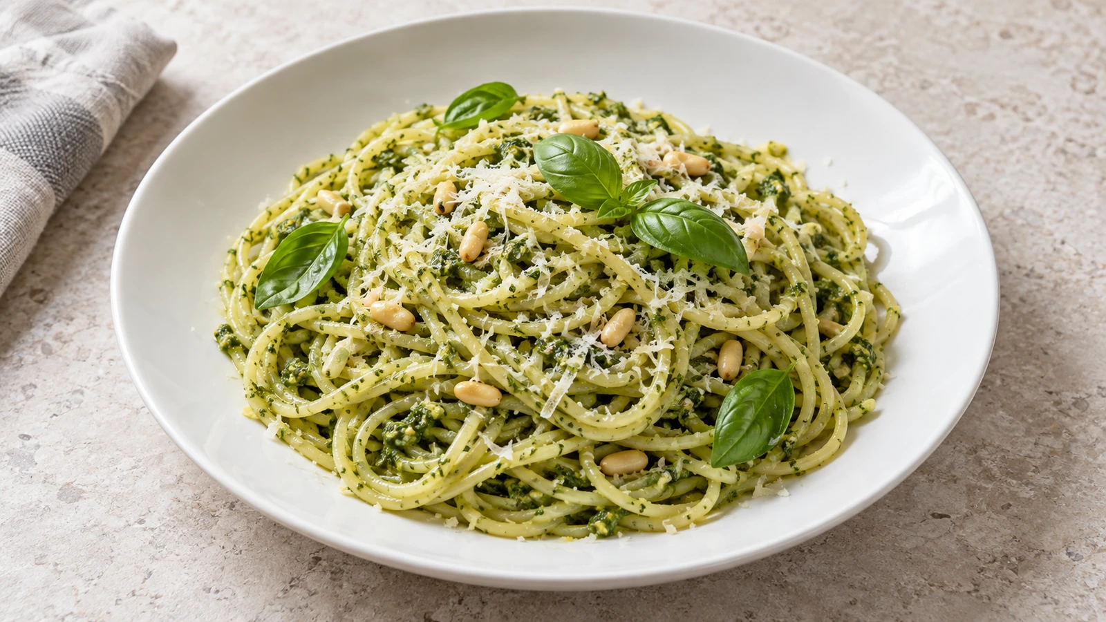 Espaguetis cubiertos de pesto verde con piñones, queso rallado y hojas de albahaca.