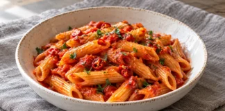 Penne a la arrabbiata Penne estriados con salsa roja de tomate y guindilla, terminados con perejil picado.