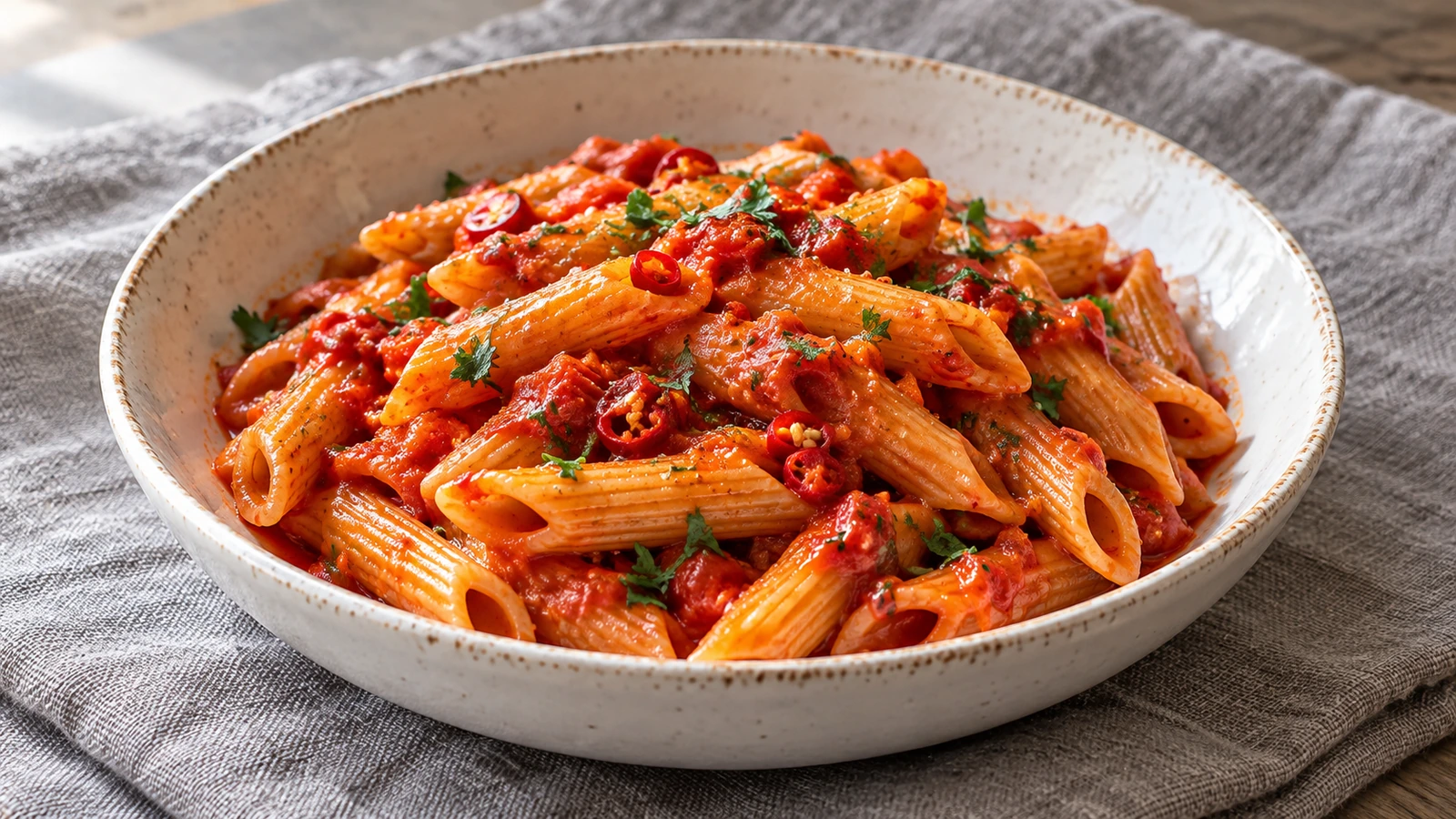 Penne estriados con salsa roja de tomate y guindilla, terminados con perejil picado.