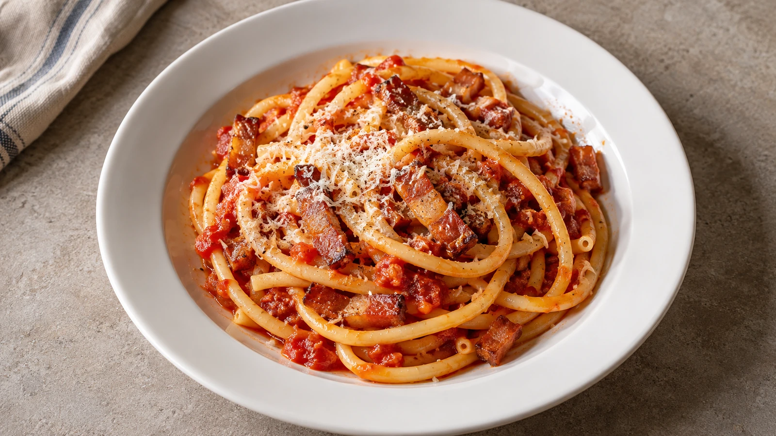 Bucatini con tomate, tiras doradas de guanciale y una capa ligera de pecorino rallado.