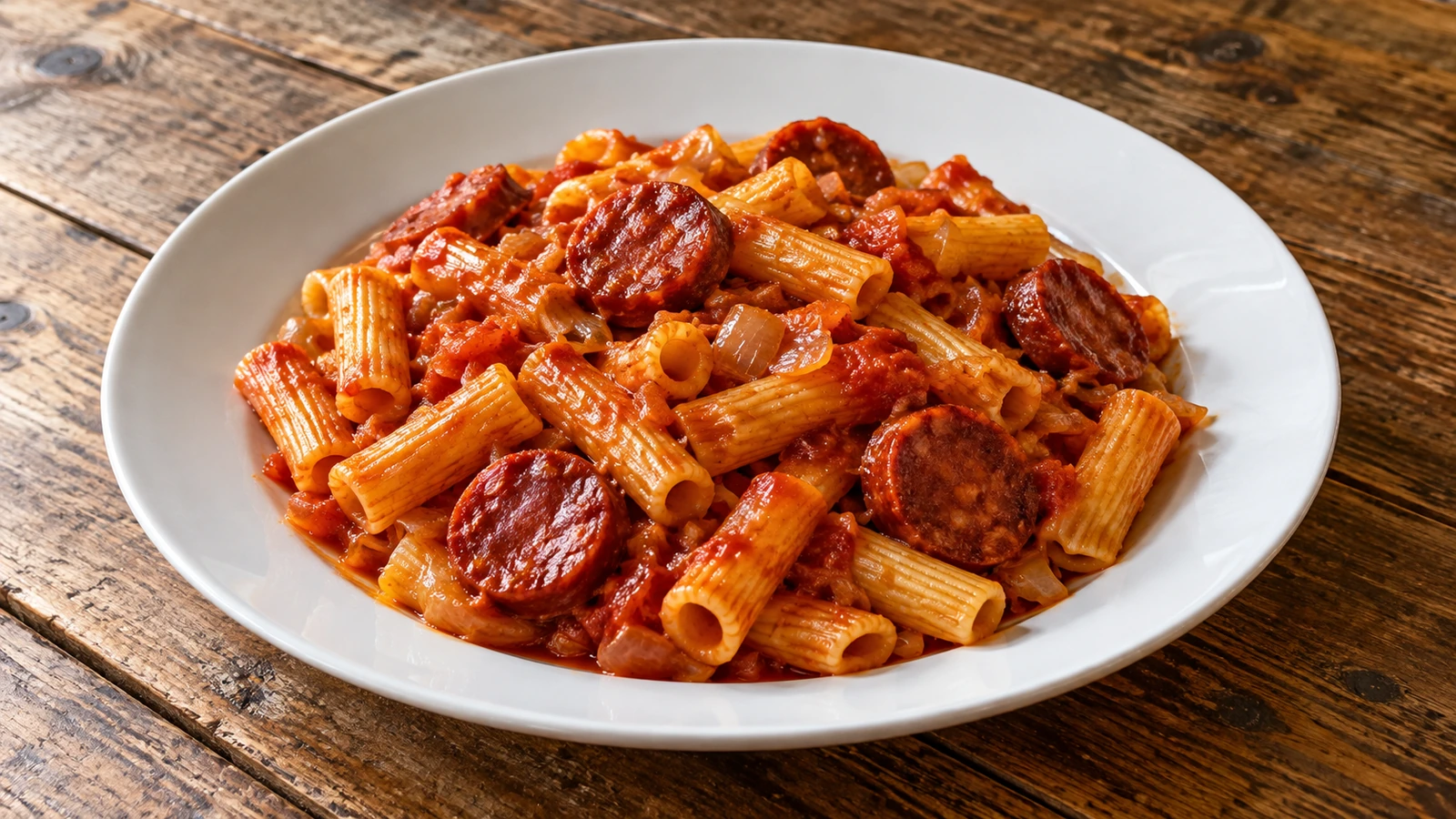 Macarrones estriados con salsa de tomate y cebolla y rodajas de chorizo.