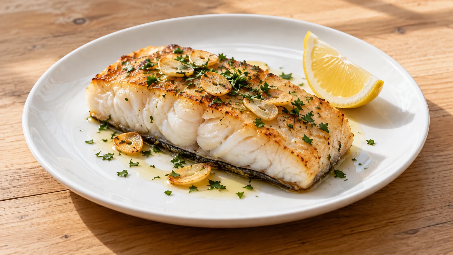Lomo de merluza dorado con ajo laminado, perejil y un gajo de limón en plato blanco.