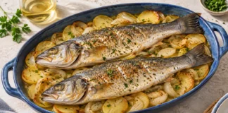 Lubina al horno Dos lubinas asadas sobre patatas y cebolla con perejil en una fuente azul.