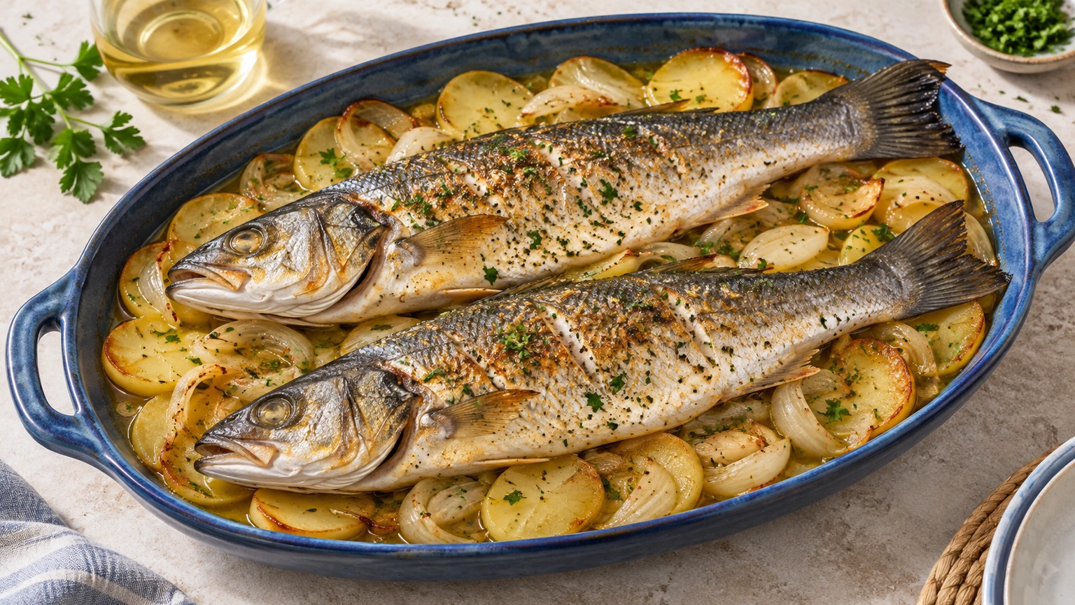 Dos lubinas asadas sobre patatas y cebolla con perejil en una fuente azul.