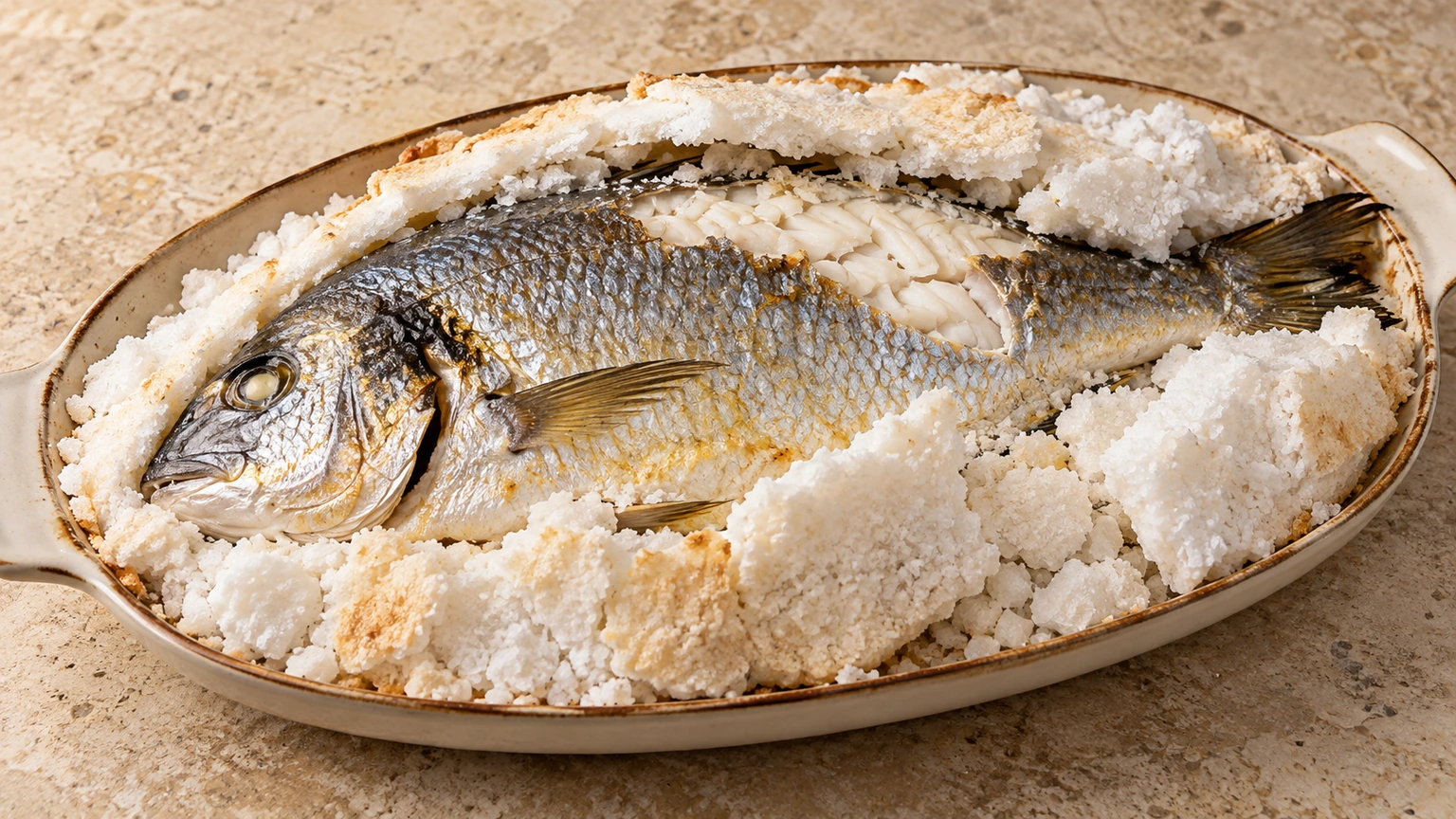 Dorada entera con la costra de sal parcialmente abierta en una fuente de horno.
