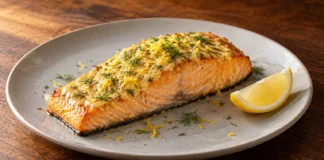 Salmón al horno con mostaza Lomo de salmón con cobertura de mostaza, eneldo y limón en un plato gris.