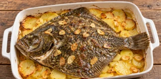 Rodaballo al horno Rodaballo entero asado con patatas en rodajas y láminas de ajo doradas.