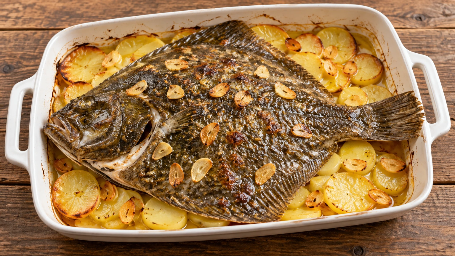 Rodaballo entero asado con patatas en rodajas y láminas de ajo doradas.