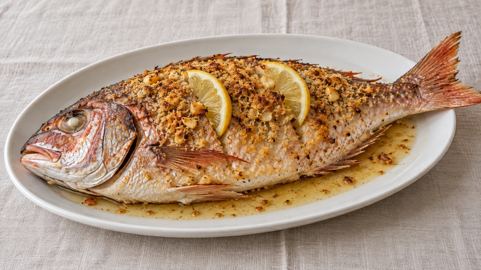Besugo entero al horno con pan rallado dorado, ajo y rodajas de limón.
