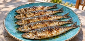 Sardinas a la plancha Sardinas enteras doradas a la plancha en un plato azul.