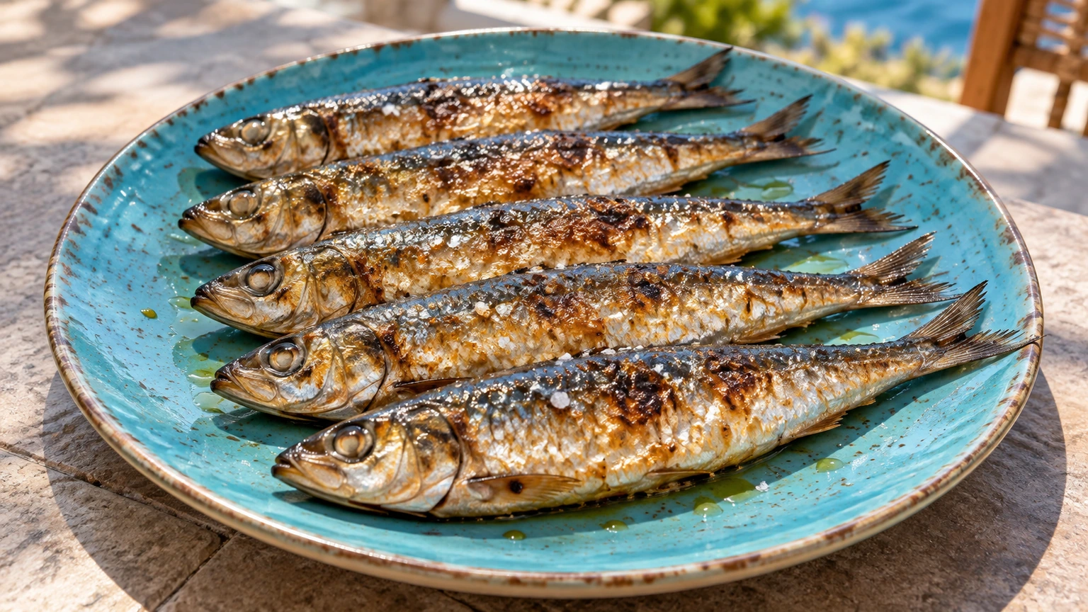 Sardinas enteras doradas a la plancha en un plato azul.