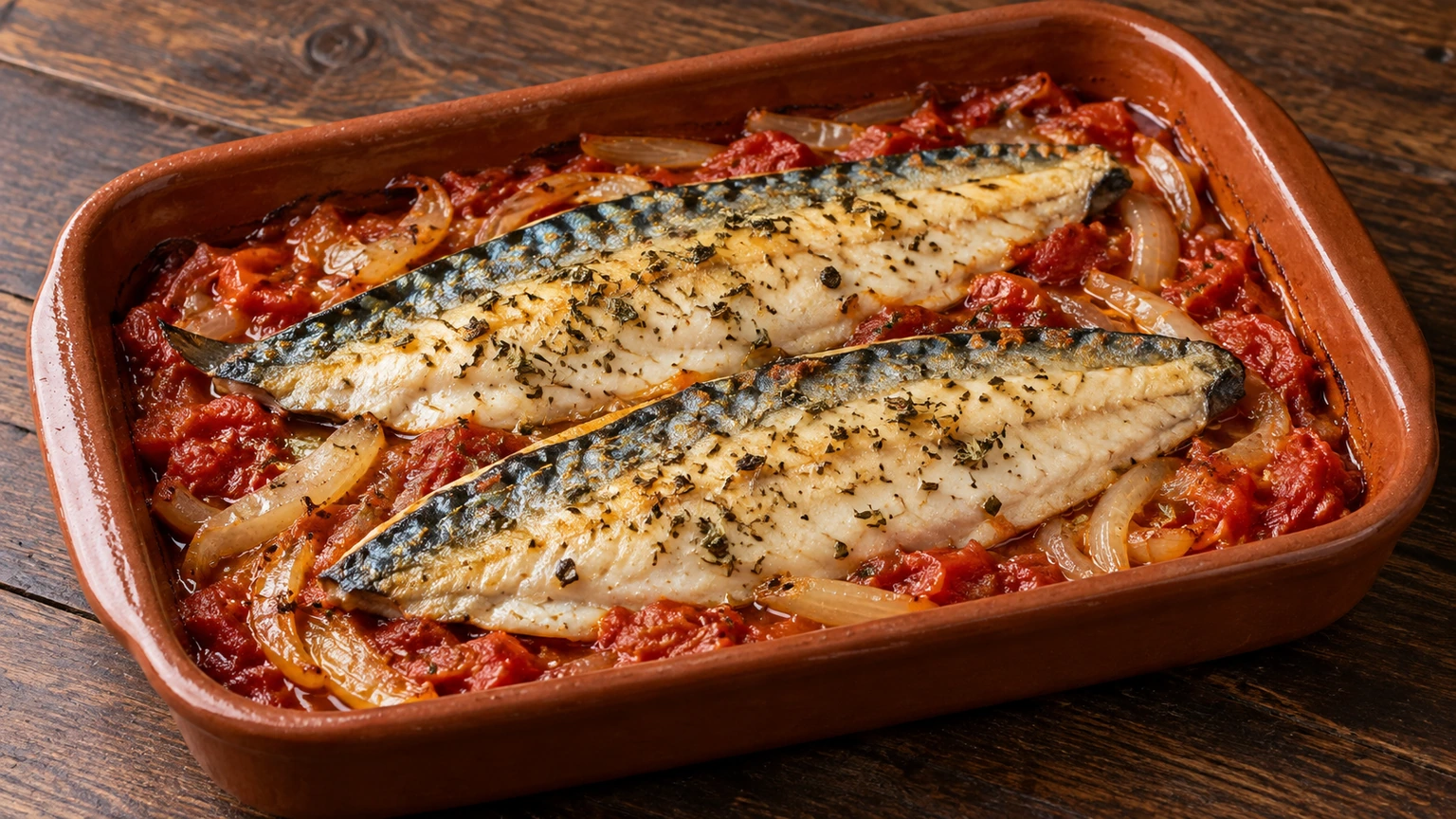 Filetes de caballa sobre tomate y cebolla asados con orégano en una fuente de barro.
