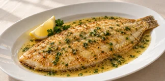Lenguado a la meunière Lenguado dorado con salsa de mantequilla, perejil y limón en una fuente blanca.