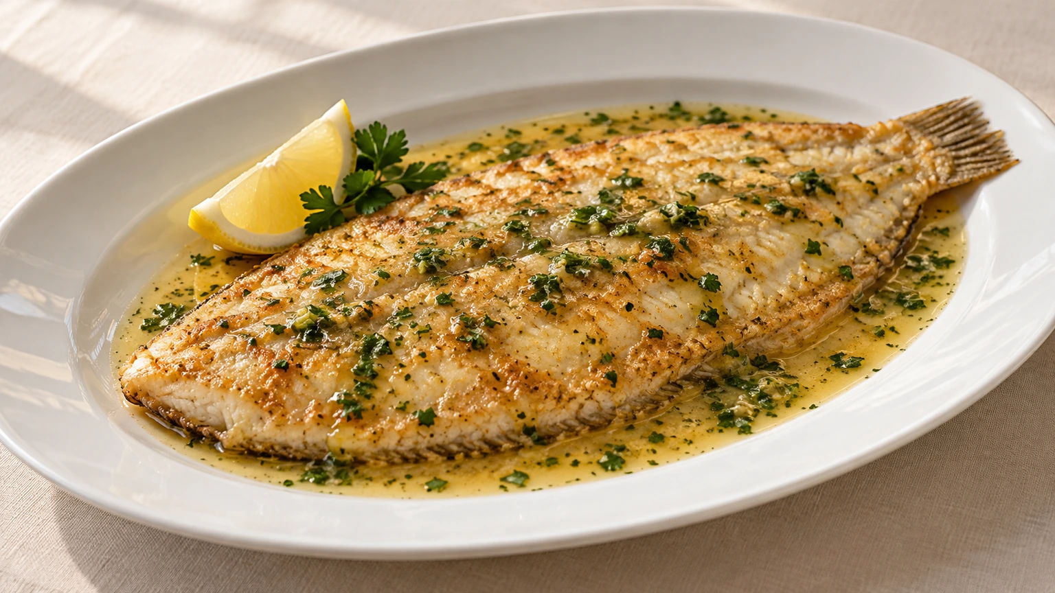 Lenguado dorado con salsa de mantequilla, perejil y limón en una fuente blanca.