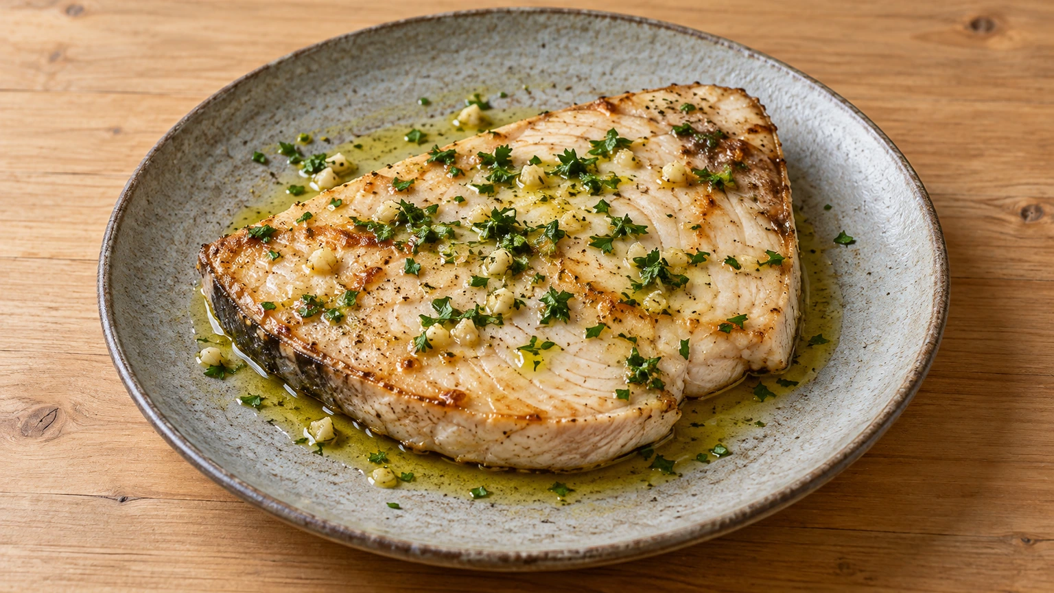 Filete de pez espada dorado con ajo, perejil y aceite de oliva.
