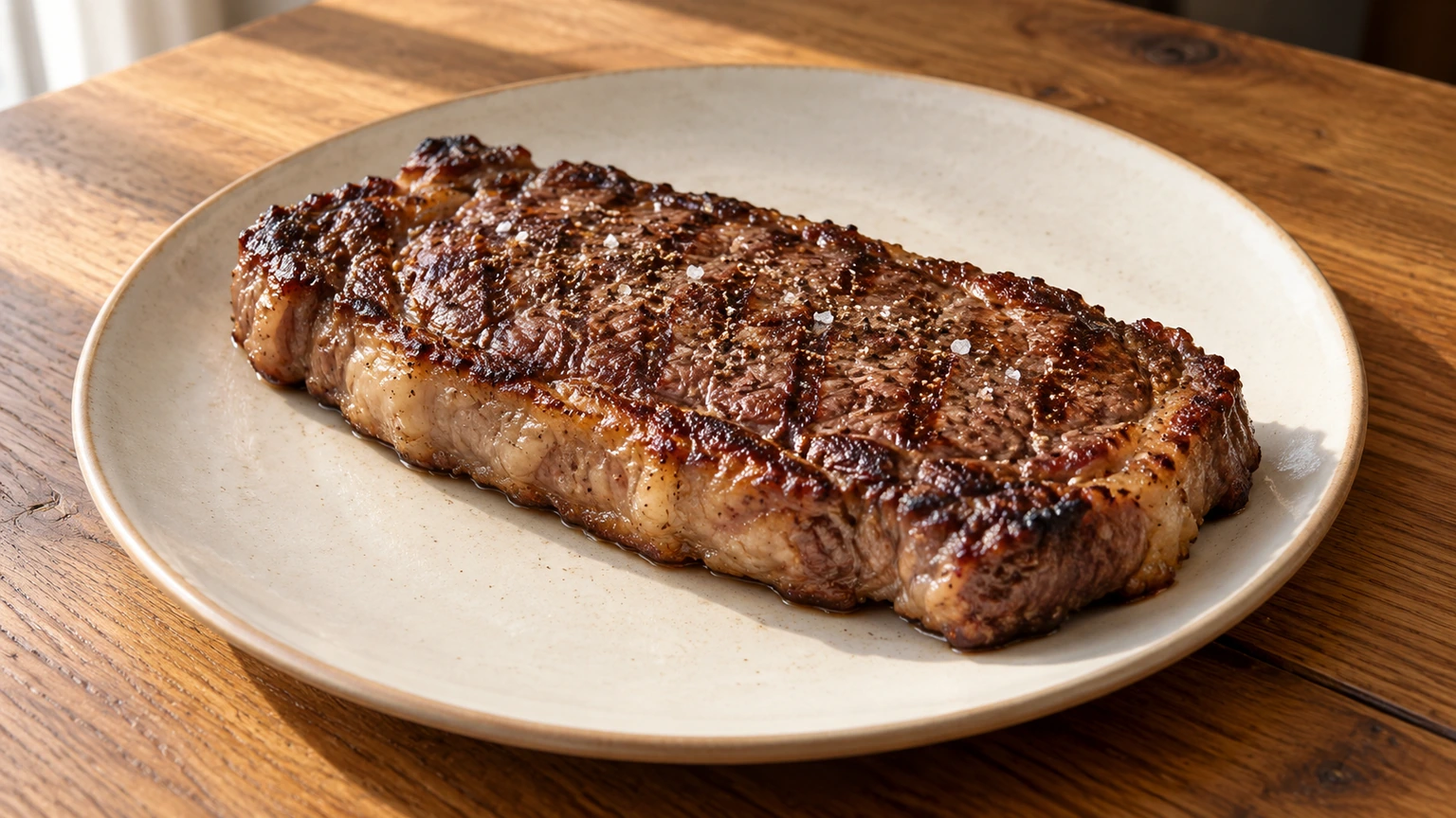 Entrecot entero dorado a la parrilla con sal gruesa y pimienta en un plato de cerámica.