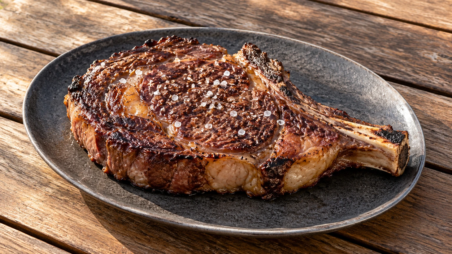Chuletón de vacuno entero con hueso y superficie tostada sobre una fuente gris.