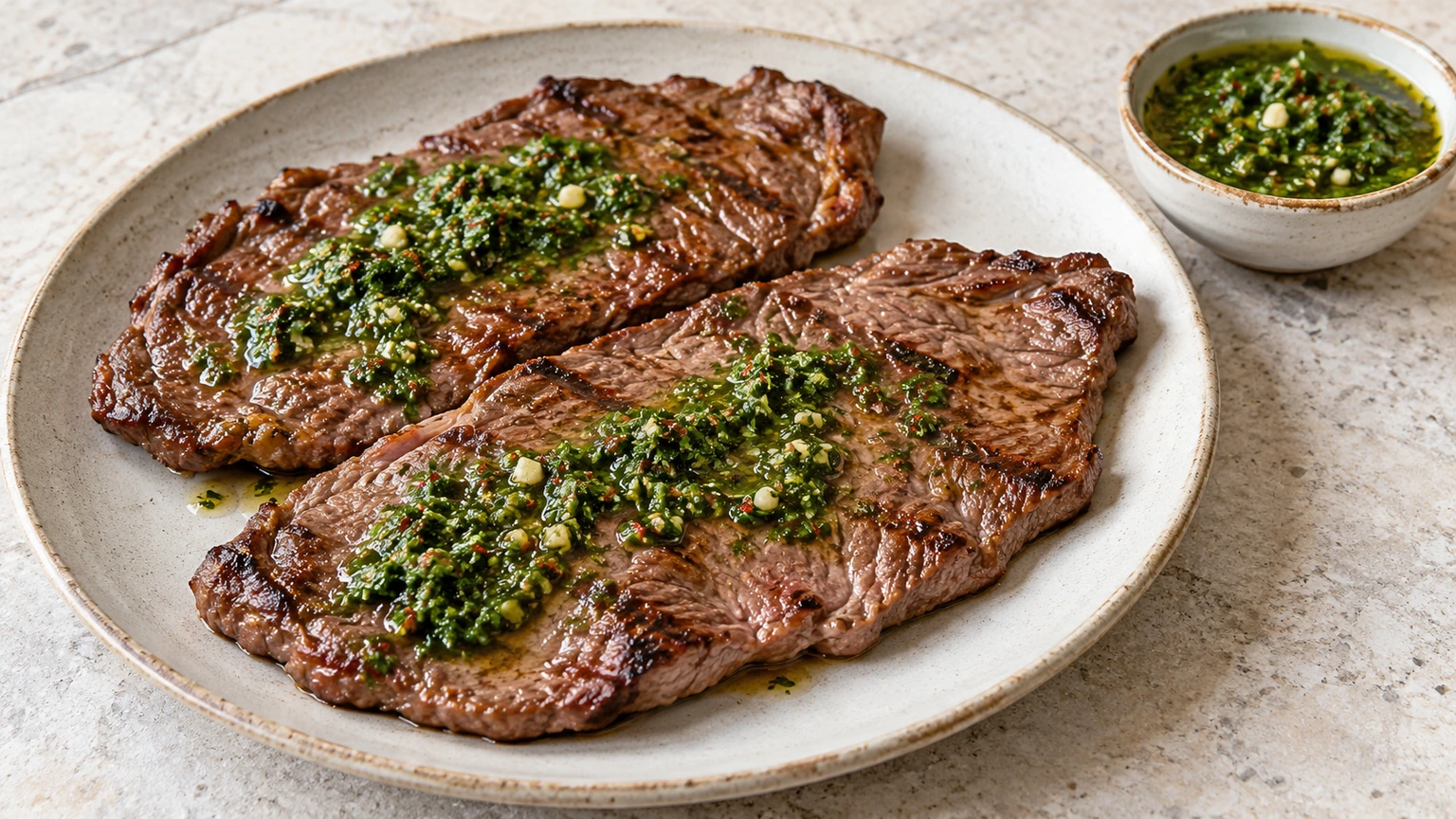 Filetes de ternera dorados con chimichurri de perejil y un cuenco de salsa al lado.