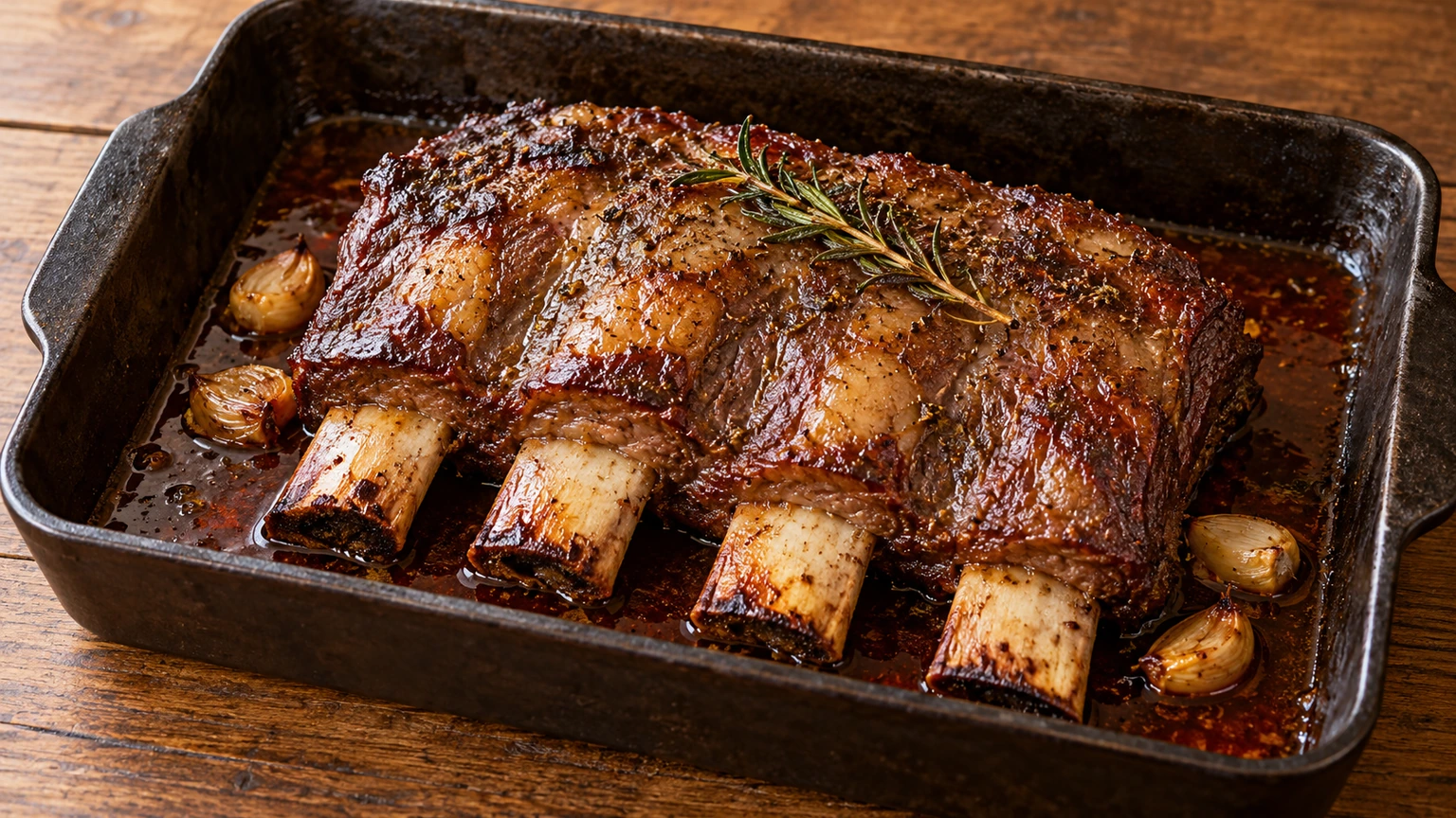 Costillar de ternera dorado al horno con huesos visibles, ajos y romero en su jugo.