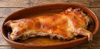 Medio cochinillo asado con piel dorada y crujiente en una fuente de barro con sus jugos.