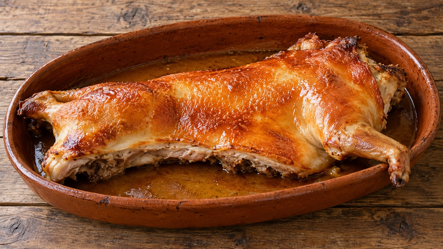 Medio cochinillo asado con piel dorada y crujiente en una fuente de barro con sus jugos.