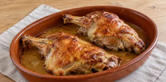 Dos paletillas de cordero lechal asadas, con hueso y superficie dorada, en una fuente de barro.