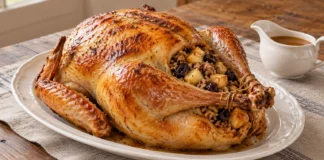 Pavo entero dorado con relleno de manzana, ciruelas y carne, servido en una fuente junto a una salsera.