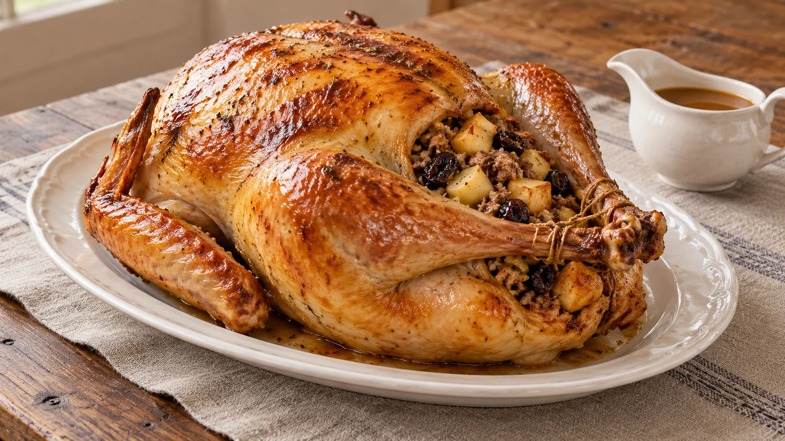 Pavo entero dorado con relleno de manzana, ciruelas y carne, servido en una fuente junto a una salsera.