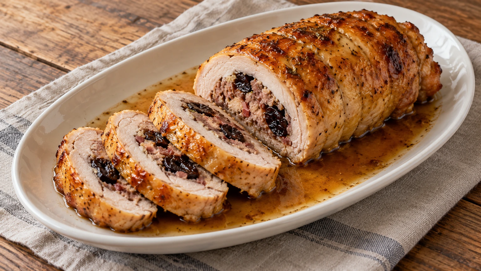 Rollo de pollo asado cortado en rodajas con un relleno de carne picada, ciruelas oscuras y jamón.