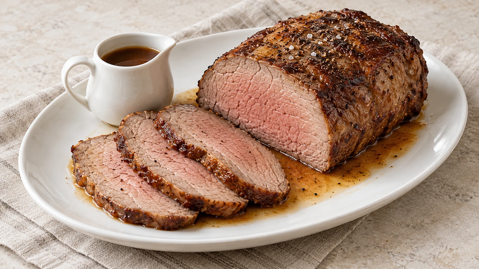 Roast beef de lomo con lonchas de interior ligeramente rosado, bordes dorados y una salsera de jugo de carne.