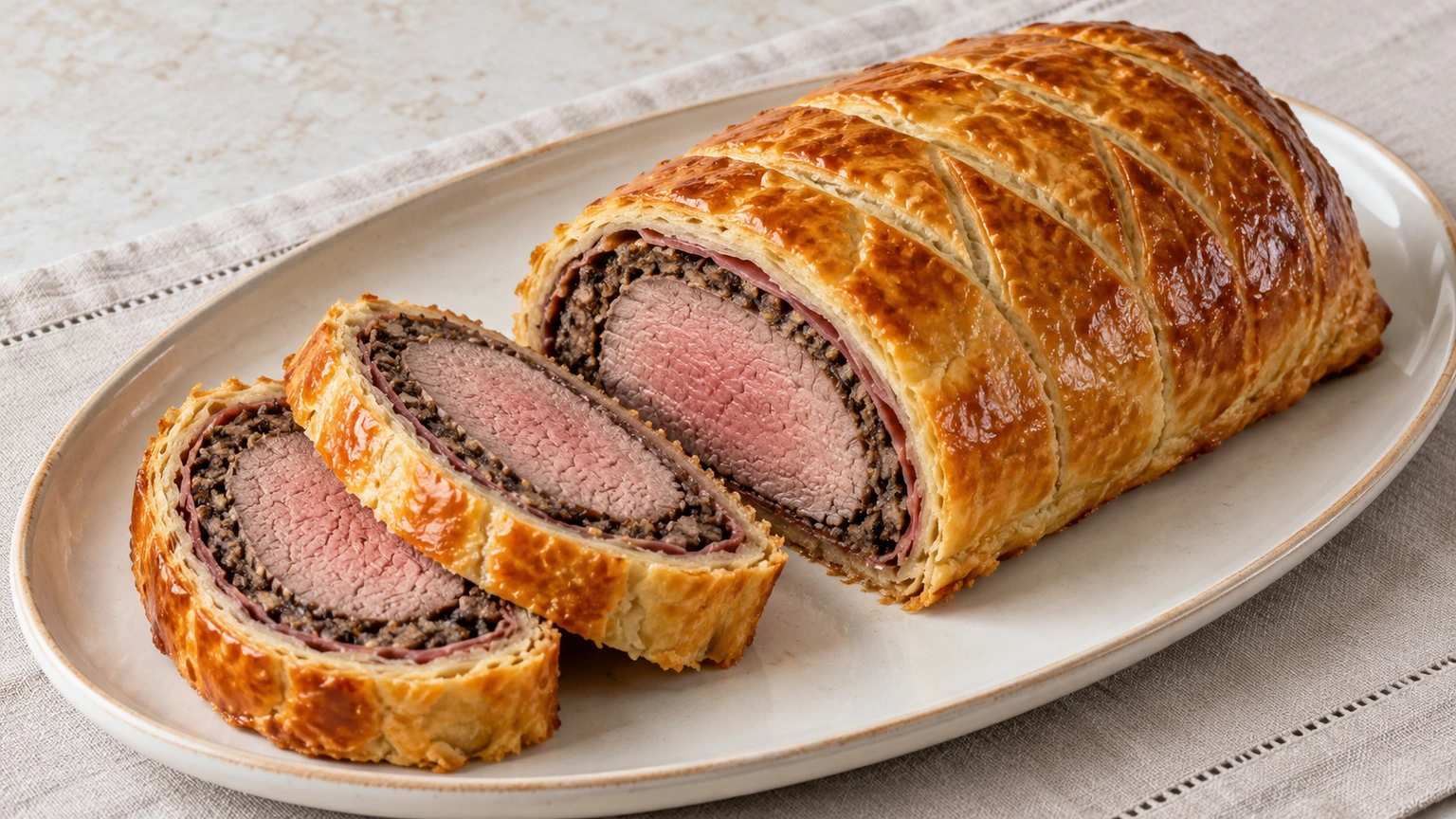 Solomillo Wellington con hojaldre dorado y dos rodajas que muestran carne, champiñones y una capa fina de jamón.