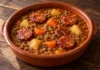 Lentejas con rodajas de chorizo, zanahoria y dados de patata en un cuenco de barro.