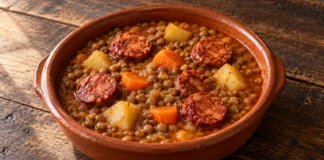 Lentejas con chorizo Lentejas con rodajas de chorizo, zanahoria y dados de patata en un cuenco de barro.