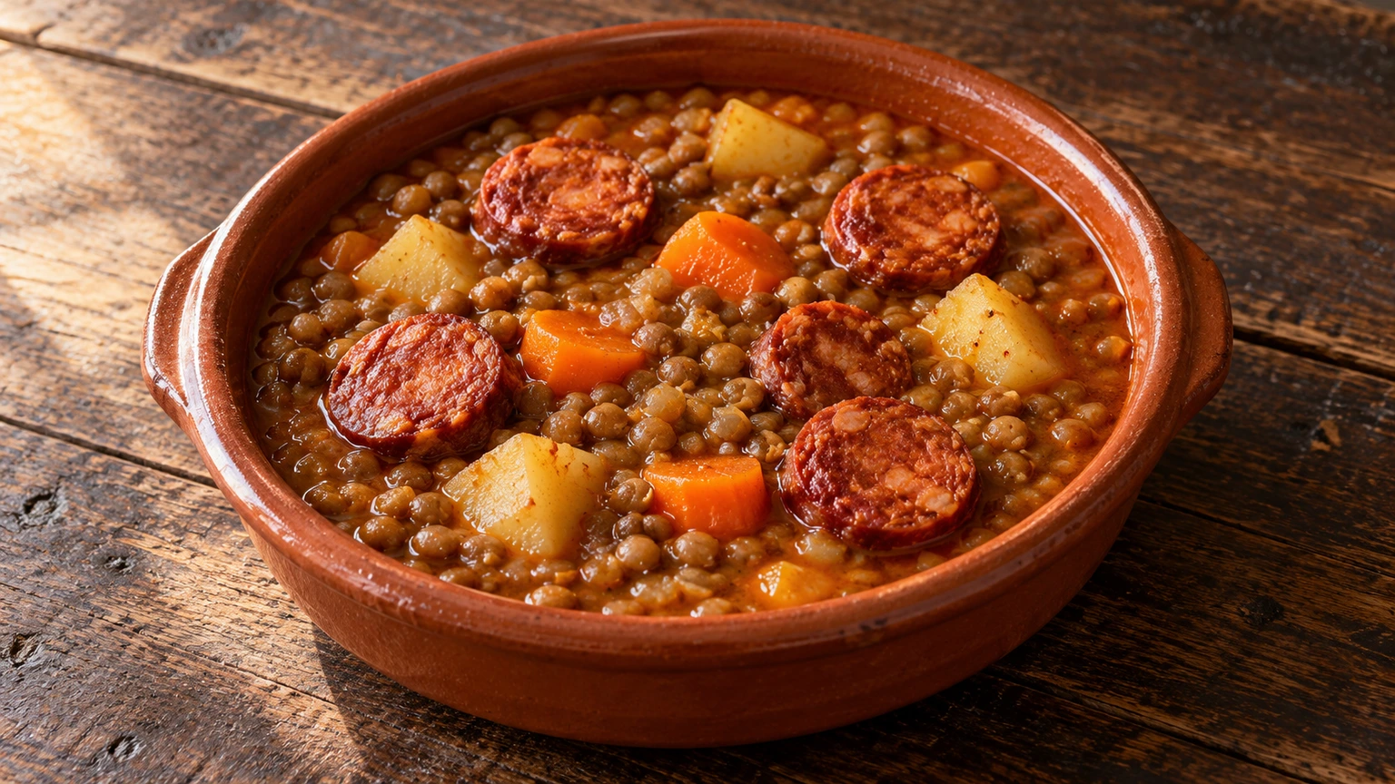 Lentejas con rodajas de chorizo, zanahoria y dados de patata en un cuenco de barro.