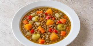 Lentejas con verduras Lentejas con calabaza, zanahoria, pimiento rojo y rodajas de puerro en un plato blanco.