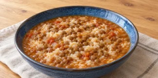 Lentejas con arroz Lentejas y arroz blanco en caldo de tomate y cebolla, servidos en un cuenco azul.