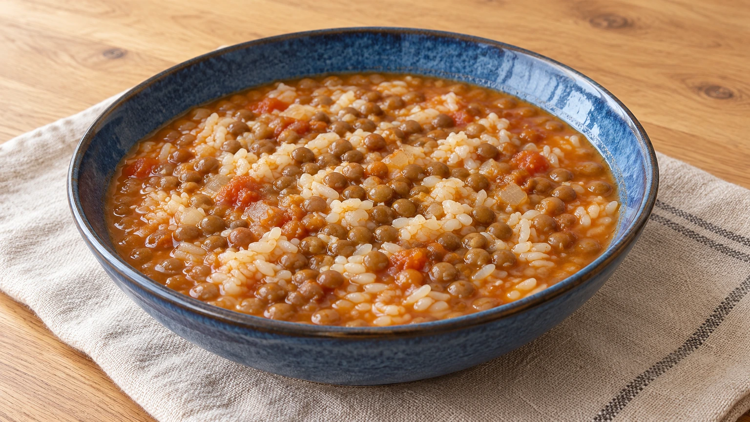 Lentejas y arroz blanco en caldo de tomate y cebolla, servidos en un cuenco azul.