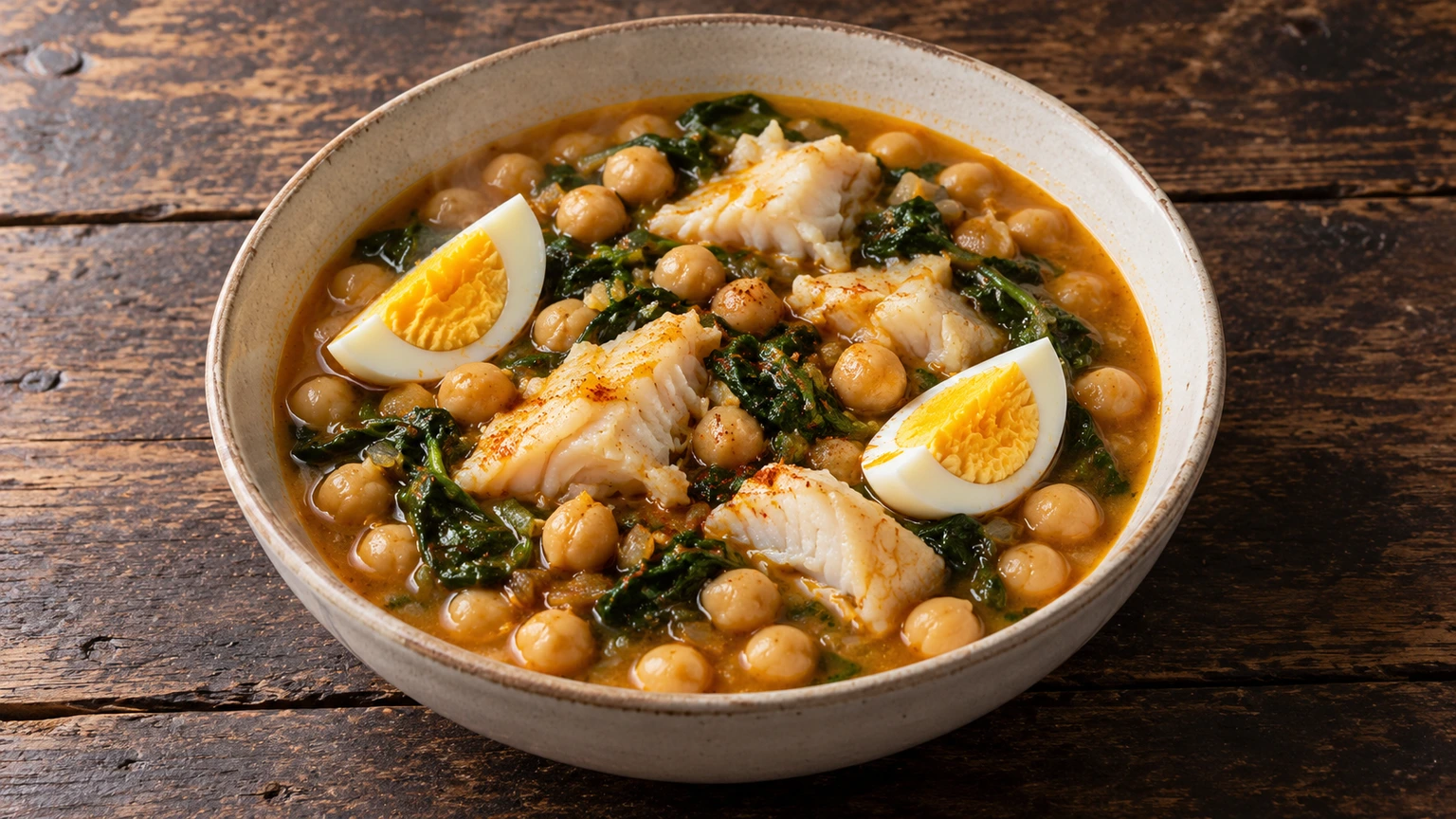 Potaje de garbanzos con espinacas, lascas de bacalao y dos cuartos de huevo duro.