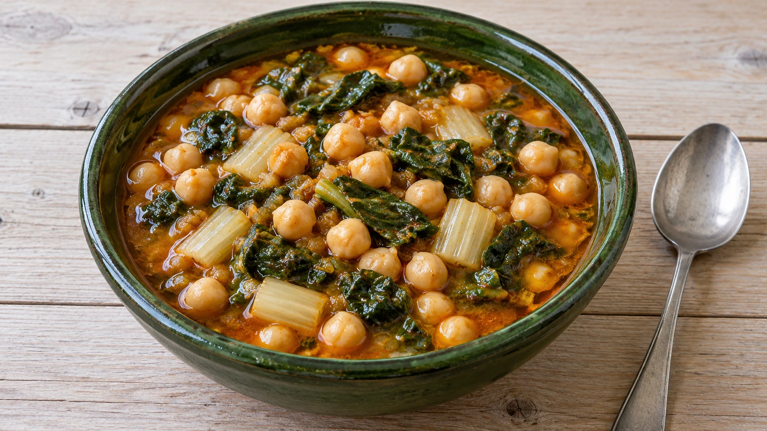 Garbanzos con hojas verdes de acelga y pencas blancas en caldo de pimentón.