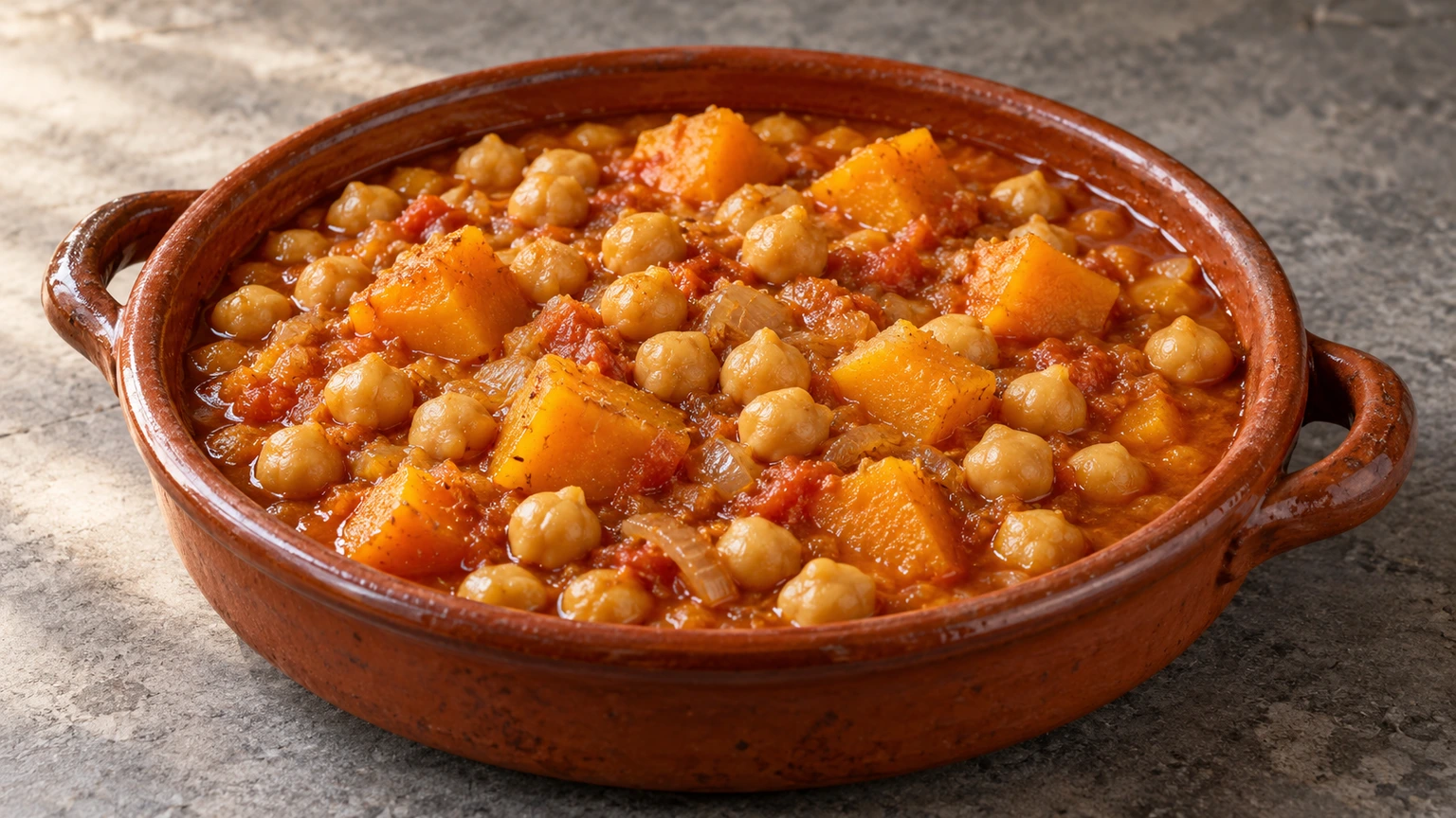 Garbanzos y dados de calabaza en salsa espesa de tomate, servidos en cazuela de barro.