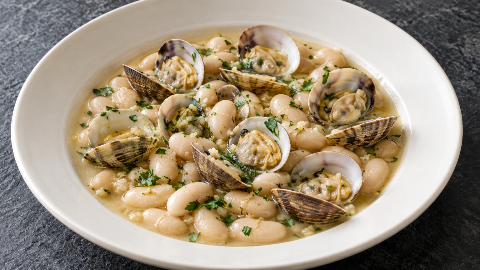 Alubias blancas con almejas abiertas y perejil picado en un plato hondo de caldo claro.