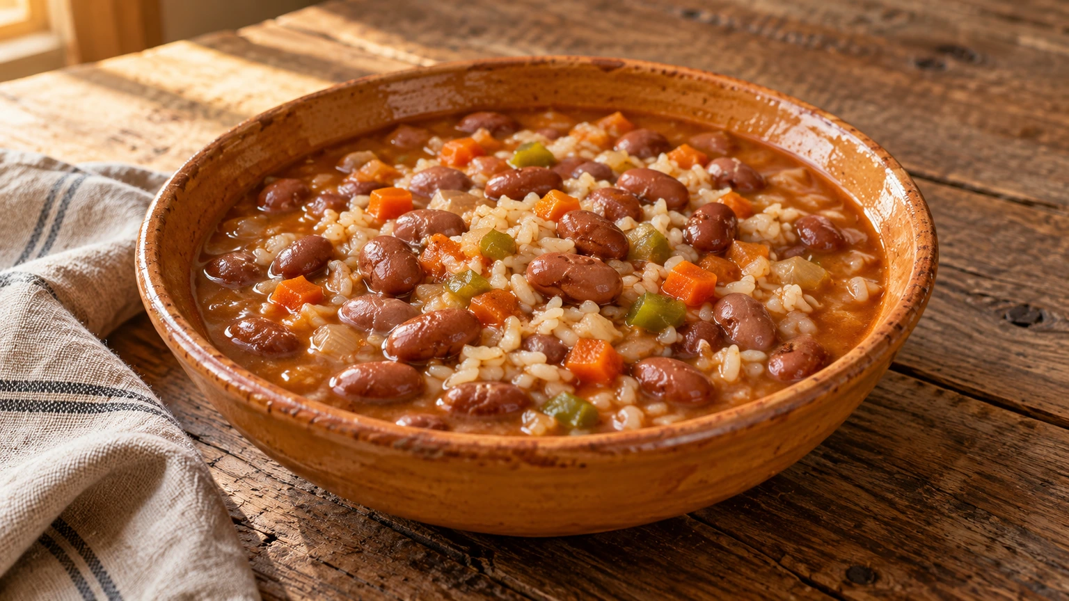 Alubias pintas cocidas con arroz blanco, zanahoria y pimiento verde en caldo espeso.